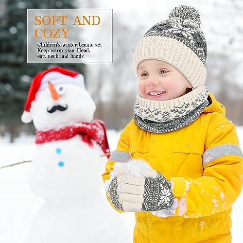 Kids Winter Knit Beanie Hat Scarf Gloves Set for Toddler Girls Boys with Pompom,Child Fleece Lining Hat Scarf Gloves2