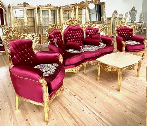 Französisches Sofa Set im Antiken Stil in rotem Samt, Wohnzimmer Sofa Set im Barock Rokoko Stil in Bordeaux Farbe Samt Gold Finish für die Inneneinrichtung – Bild 6