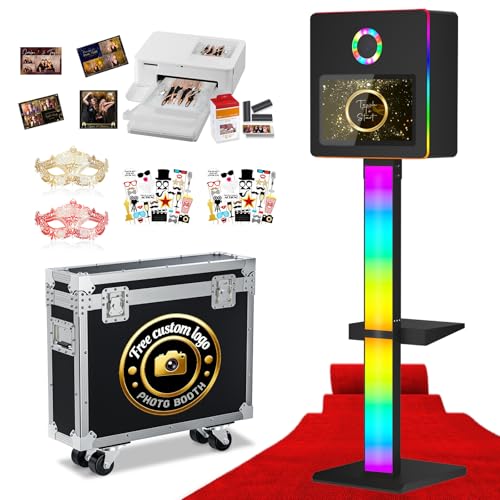 Image of DSLR Photo Booth Built-in Mini PC and Flight Case Mirror Photo Booth with 15.6 inch Touch Screen RGB Lights App Control for Parties Weddings Event Rentals (Black+Printer)