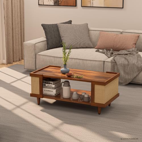Image of Sudha Solid Sheesham Wood Coffee Table & Centre Table, Honey Finish | Open Storage Shelf, Natural Rattan Cane Sides, Wooden Center Table for Living Room, Solid Sheesham Wood