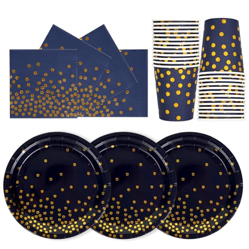 PYAILI Anniversaire Vaisselle de fete 72 Pièces Or Bleu Marine Party Assiettes en Papier Set Assiettes de Fête Jetables Papier Tasses Serviettesr, pour...
