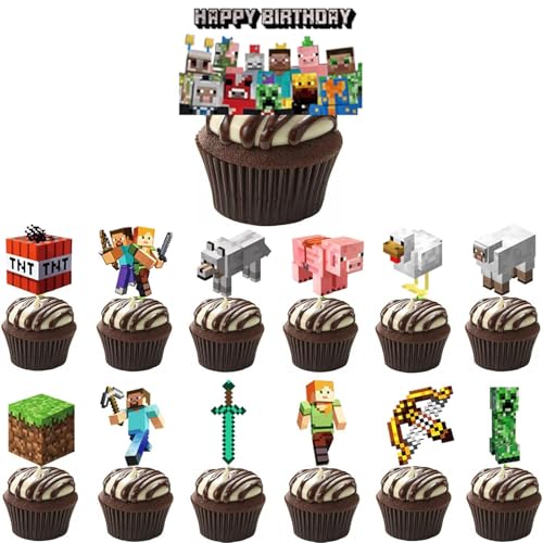 25 Pcs Pixel Styled Gamer Cake Decorations, Happy...