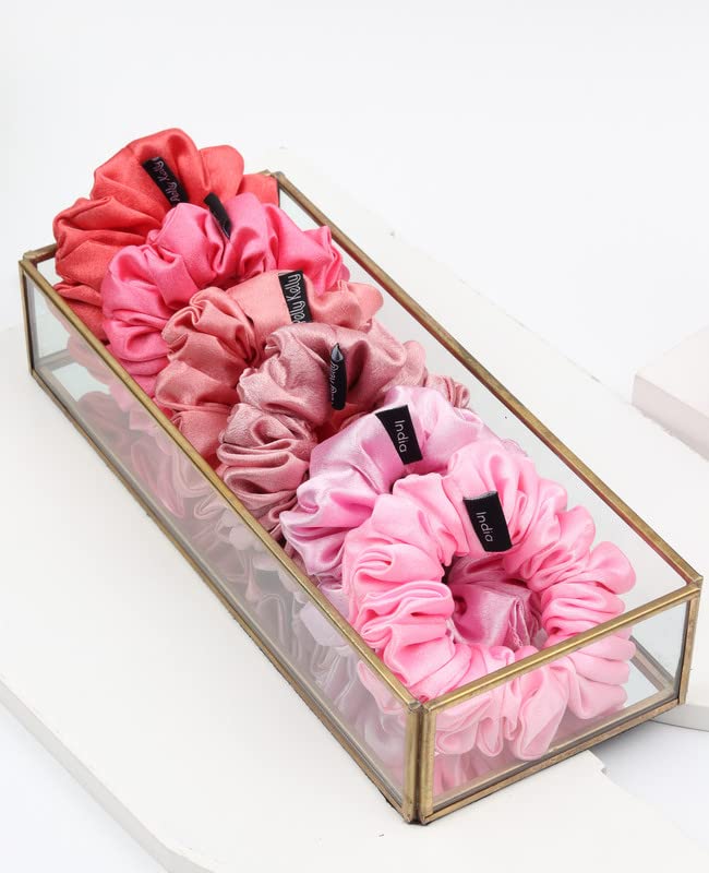 Image of Premium Satin Scrunchies for Women | Hair Bands, Ponytail Holders & Rubber Bands | Fluffy, No-Damage Hair Ties | Girls Hair Accessories | Medium Size | Pack of 6