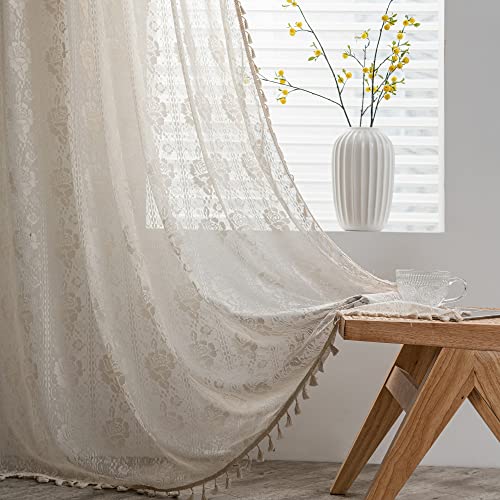 SASIGAYA Vintage Beige Boho Vorhänge Landhausstil Häkeln Stricken Lichtdurchlässige Gardinen mit Quaste ,Skelettvorhänge für Küche/Schlafzimmer/Wohnzimmer/Balkon 2 Stück(150×160cm) Cover