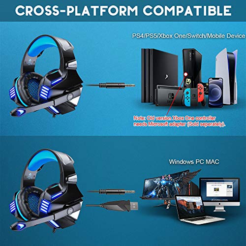 Versiontech. Gaming Headset For Ps5/ Ps4/ Xbox One/Pc, Noise Canceling Over-Ear Headphones With Mic, Led Lights & Volume Console For Xbox 1 S/X, Playstation 5/4/Slim/Pro, Switch, Computer -Blue #TOP6