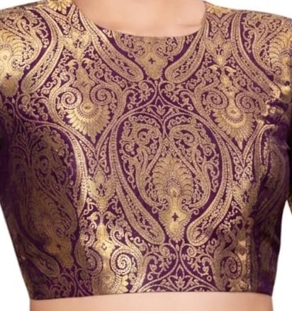 Image of Studio Shringaar Women Brocade Silky Jewel Neck Readymade Elbow Length Sleeve Saree Blouse