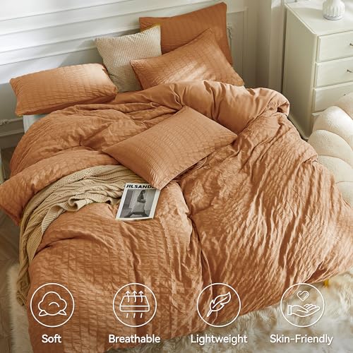 Image of JELLYMONI Seersucker Duvet Cover Set Full, 3pcs Brunt Orange Polyester | In Guest Room & Studio, Single Upgrades Pick, Crinkled Texture, Oeko-Tex Certified, 8 Corner Ties & Hidden Zipper