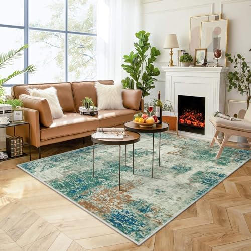 Lahome Modern Abstract Area Rug 5x7 Rugs for Living Room, Washable Accent Bedroom Rug Non-Slip Non Skid, Indoor Floor Contemporary Carpet for Kitchen Bathroom Laundry,Green/Grey