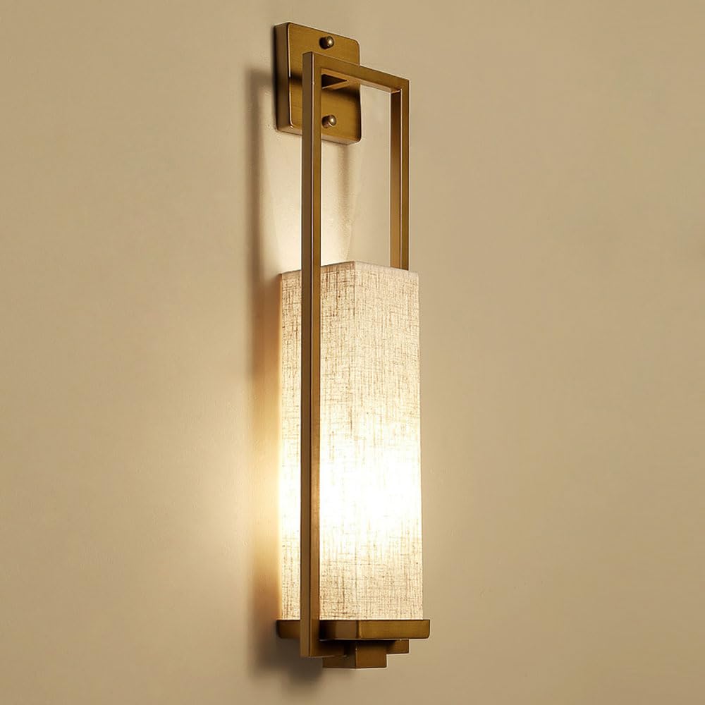 RXPVUXE Modern Linen Fabric Wall Sconce 28.7 Inch Antique Gold Rectangle Wall Lamp Wabi-sabi Bathroom Light Fixture, E27 Indoor Metal Wall Lighting Fixture for Bedroom Hallway Loft Hotel