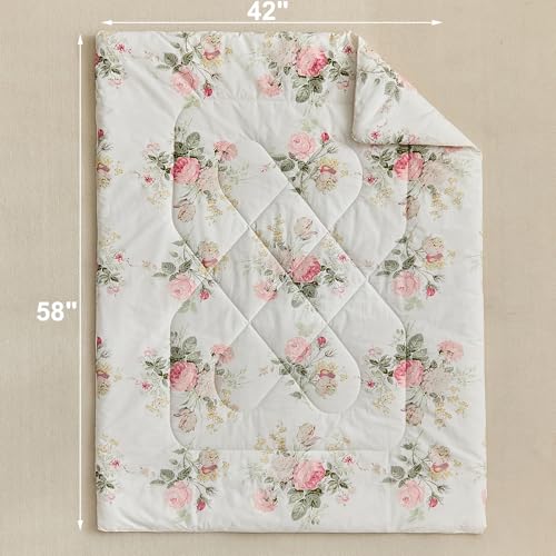 Image of DuShow 4 Pieces Cotton Toddler Bedding Set,Pink Flower Reversible Toddler Comforter Set,Floral Crib Bed Sheet Set,Kids Toddler Bedding Set for Girls