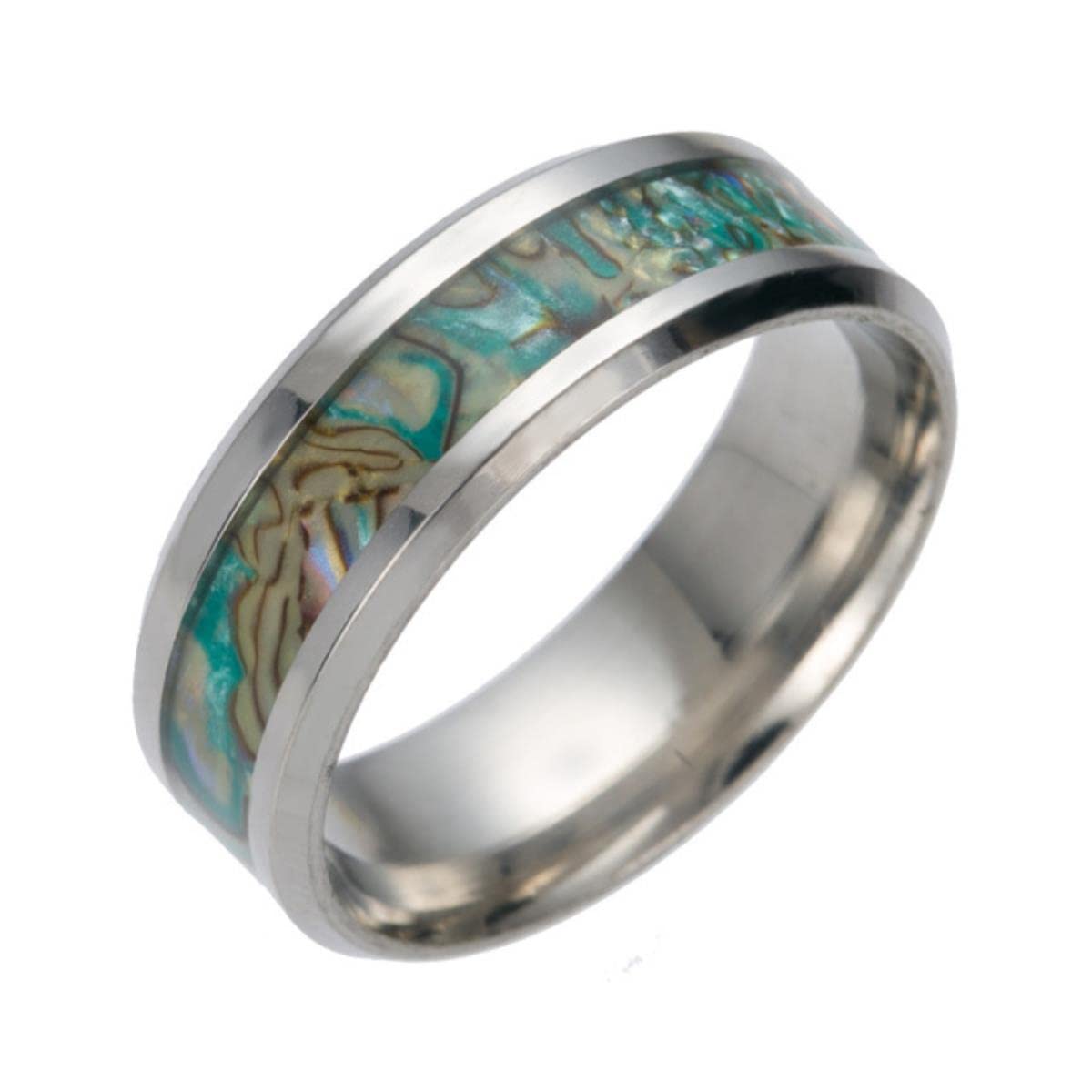 Yahoya Women's Style 1 New 8Mm Inlaid Abalone Shell Beveled Stainless Steel Rings For Men Wedding Jewelry Valentine Engagement Ring Gift