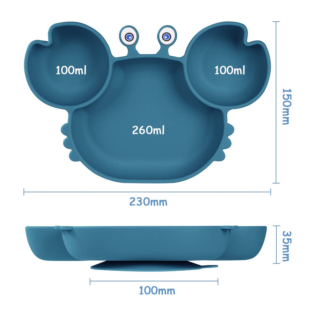 Vicloon Piatto per Bambini in Silicone, Piatto con Ventosa per Bambini, Piatto Svezzamento senza BPA, Piatti Divisi per Bambini Adatto alla Maggior Parte dei Tavoli e Seggioloni, Blu Navy