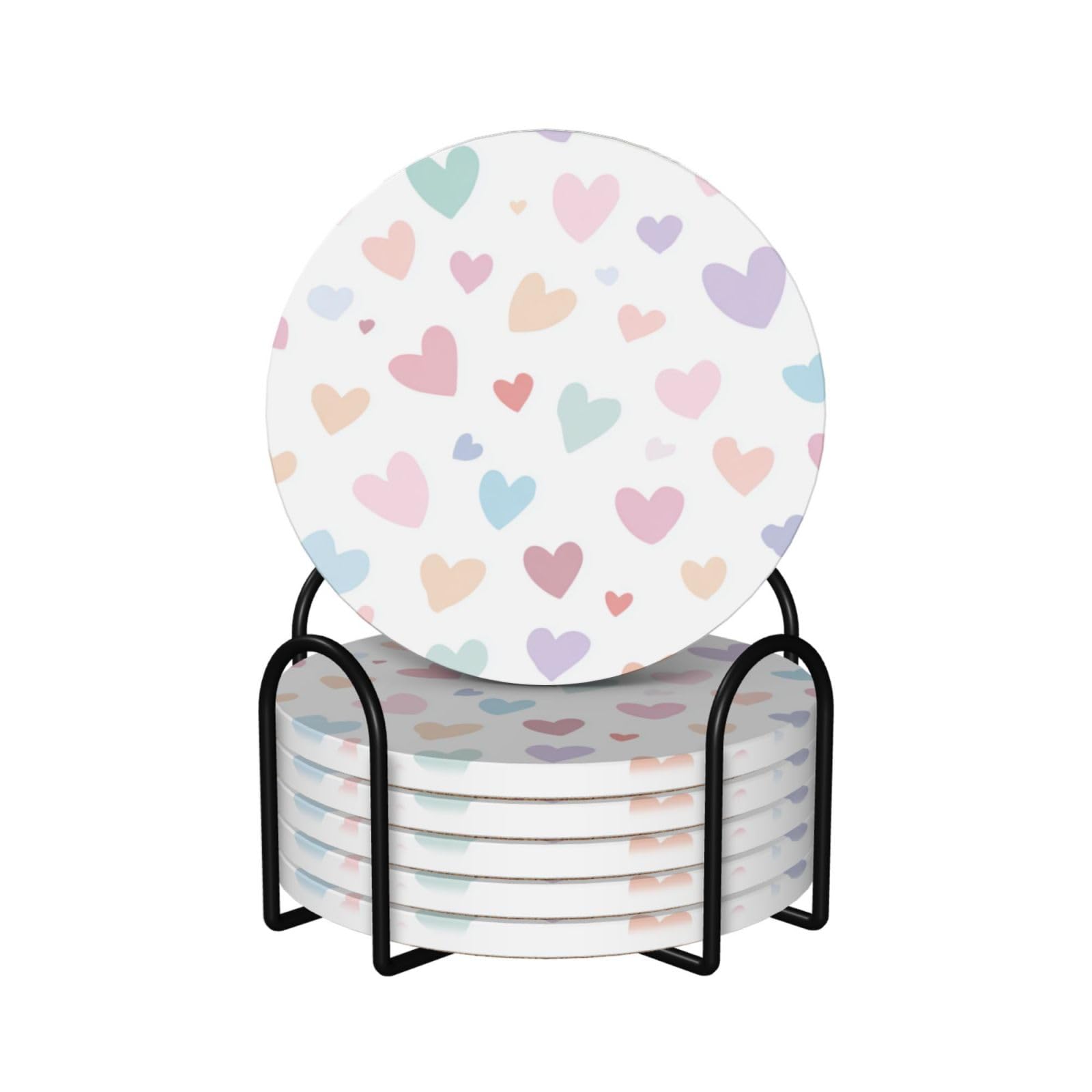 Small Pastel Pink Hearts Ceramic Coasters with Holder 6ps