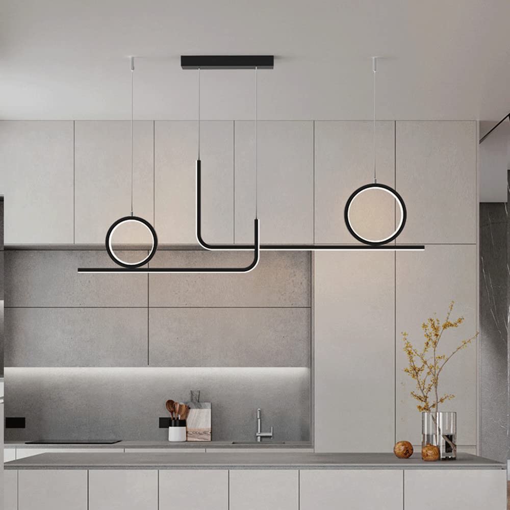 Lámparas colgantes largas de metal con kit de decoración de anillo, lámpara colgante de comedor lineal simple, luz de ambiente LED moderna de 39 W, luces de suspensión de techo de isla de cocina de ti