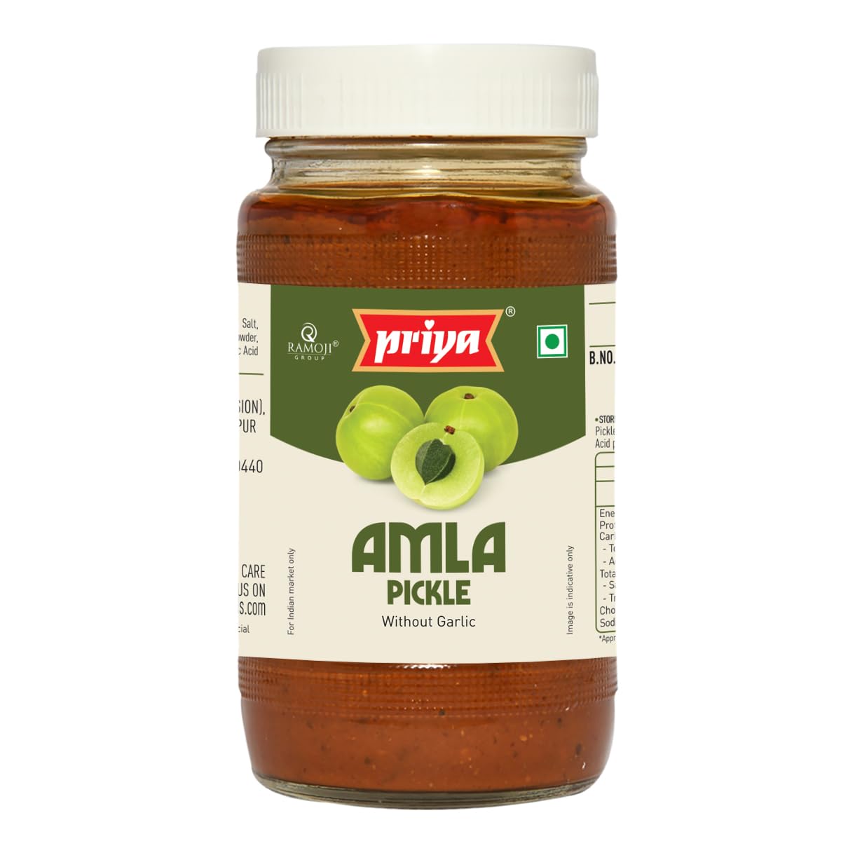 Priya Amla Pickle Without Garlic, 500g - Authentic Telugu Style Amla Achar |Traditional South Indian Taste | Homemade Andhra Pickles | Tangy Taste | With Amla Berries, Tamarind Paste & Mixed Spices | Glass Jar