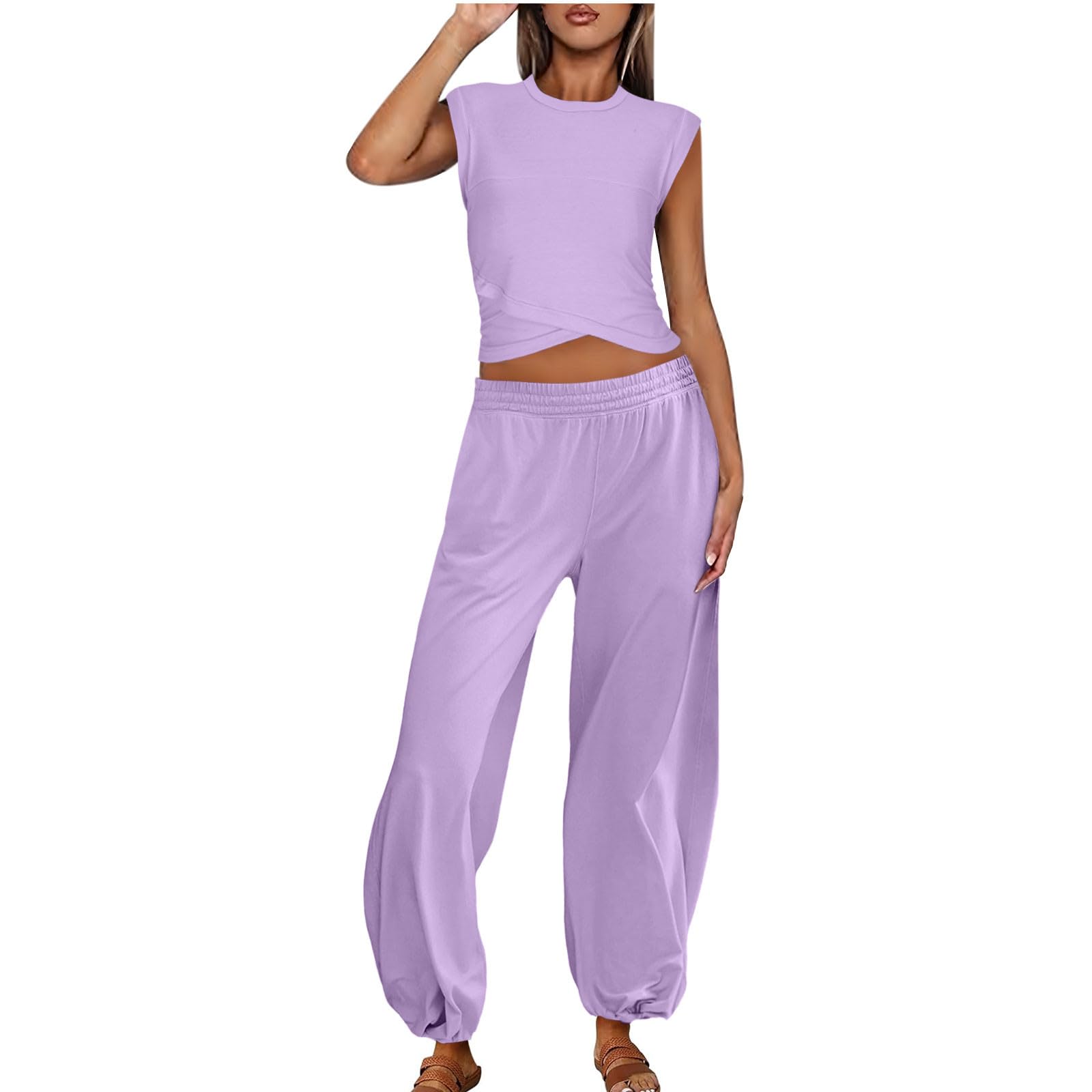 hlysgo Womens Two Pieces Outfits Lounge Sets Casual Slim Fit Criss Cross Hem Cropped Tops Sweatpants Tracksuit with