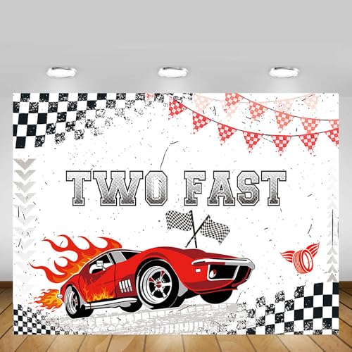 MEHOFOND Two Fast Birthday Backdrop Race Car Happy 2nd Birthday Photo Background for Boys, 7ftx5ft, Red, Flag banner with vibrant printing, 1 x Piece of Banner, Rope