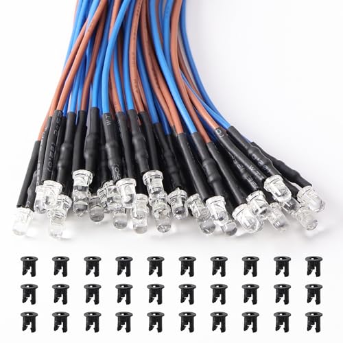 Lyeteung 30 Piezas 3mm 12V LED de Diodo Pre-Cableado, Azul Hielo, 20cm Precableado LED Diodos Emisores de Luz + 30 Piezas 3mm Diodo Soporte Plastico