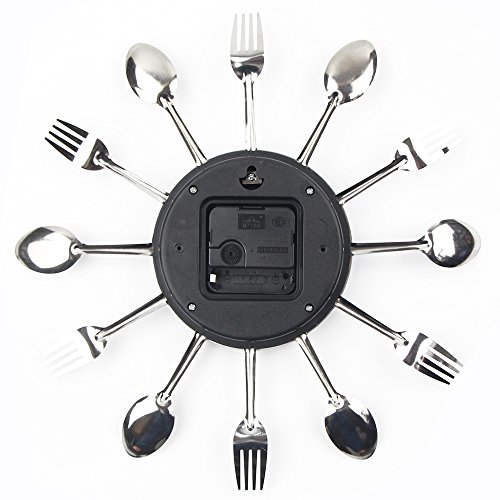 Timelike Kitchen Wall Clock, 3D Removable Modern Creative Cutlery Kitchen Spoon Fork Wall Clock Mirror Wall Decal Wall Sticker Room Home Decoration (Sliver)
