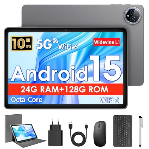 Tablet 10 Pulgadas, Tableta Android 15 con Funda, Ratón & Teclado, Octa Core, 24 GB RAM + 128 GB ROM + 1 TB TF, Pantalla IPS HD 1280x800, Cámara Dual, 6000 mAh, WiFi 6, BT 5.0, Widevine L1, GPS (Gris)
