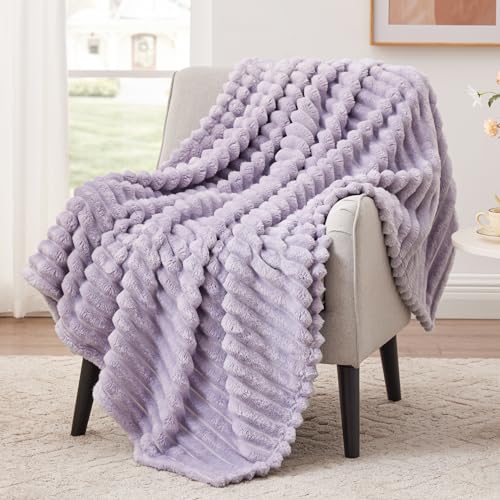EXQ Home Fleece Throw Blanket for Couch or Bed - 3D Stripe Jacquard Decorative Blankets - Cozy Soft Lightweight Fuzzy Flannel Blanket Suitable for All Seasons(5060 Light Purple)