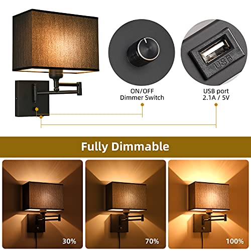Wall Lamp 9.5inch, Wall Sconce with Dimmer Switch and USB Port, Swing Arm Wall Lamp with Plug in Cord, Wall Light with Black Fabric Shade Brings Mystical Atmosphere to Bedroom, Living Room, Nurse room - Image 4