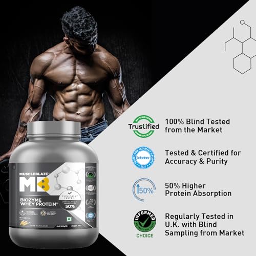 Image of MuscleBlaze Biozyme Whey Protein Powder, Blend of Whey Isolate & Concentrate | 25g Protein, 11.8g EAA & 5.5g BCAA Per Scoop (Kesar Kulfi, 2kg / 4.4lbs)