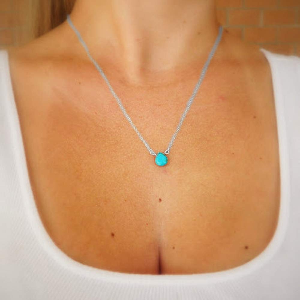 Bohemian Turquoise Necklace with Simple Blue Water Drop Pendant Fashion Necklaces Chain Jewelry for Women and Girls