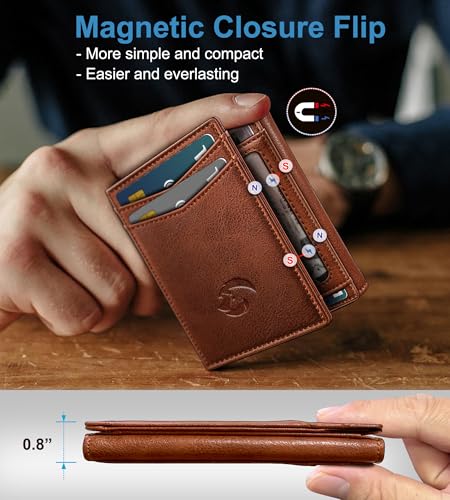 Trifold Leather Wallet for Men,with Cash Pocket 2 ID Window 14-16 Cards Magnetic Closure Slim Wallet 4.0"*3.1", RFID Blocking Front Pocket Wallet with Gift Box3