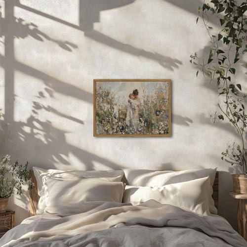Image of Mother Holding Child Wall Art Vintage Motherhood with Baby Wall Decor Painting Cottage Country Nursery Sign Poster Canvas Print for Kids Bedroom Living Room 16x12 inch Wood Framed