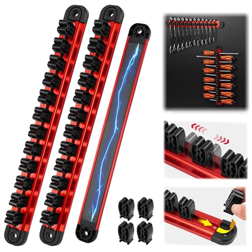 2-Piece Magnetic Screwdriver Organizer and Wrench Organizer 28-Slot Screwdriver and Wrench Holder Magnetic Aluminum Rail Tool Organizer for Tool Box Drawer Wall-Mount Storage Red(Tools not Included)