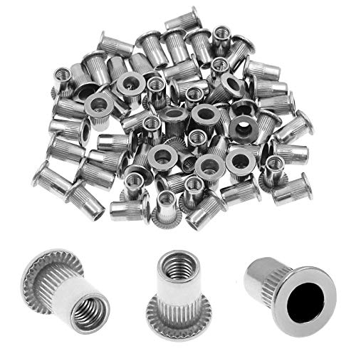 Bonsicoky 60Pcs Metric M4 Rivet Nut Kit 304 Stainless Steel Knurled Flat Head Threaded Insert Blind Rivet Nuts Fastener for Nuts Through Hole