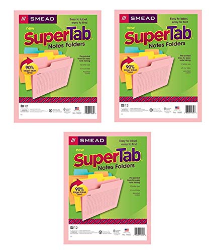 Smead SuperTab Notes Folder, Oversized 1/3-Cut Tab, Letter Size, Assorted Colors, 12 per Pack, 3 Pack, 36 Folders Total (11650)