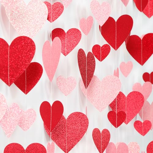 Image of Galentines Party-Decoration Valentines Heart Garland - 40ft Red Pink Hanging Paper Streamers, Proposal Anniversary Romantic Birthday Baby Shower Rustic Wedding Hanging Ornaments Decor Hugfond