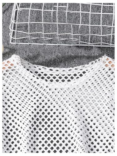Image of GORGLITTER Girl's 3 Piece Outfit Long Sleeve Fishnet Mesh Tee Top Camisole Ripped Jeans Denim Pants Set White 12Y