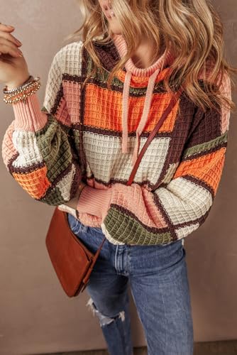 Women's Orange Color Block Waffle Knit Mock Neck Sweater4