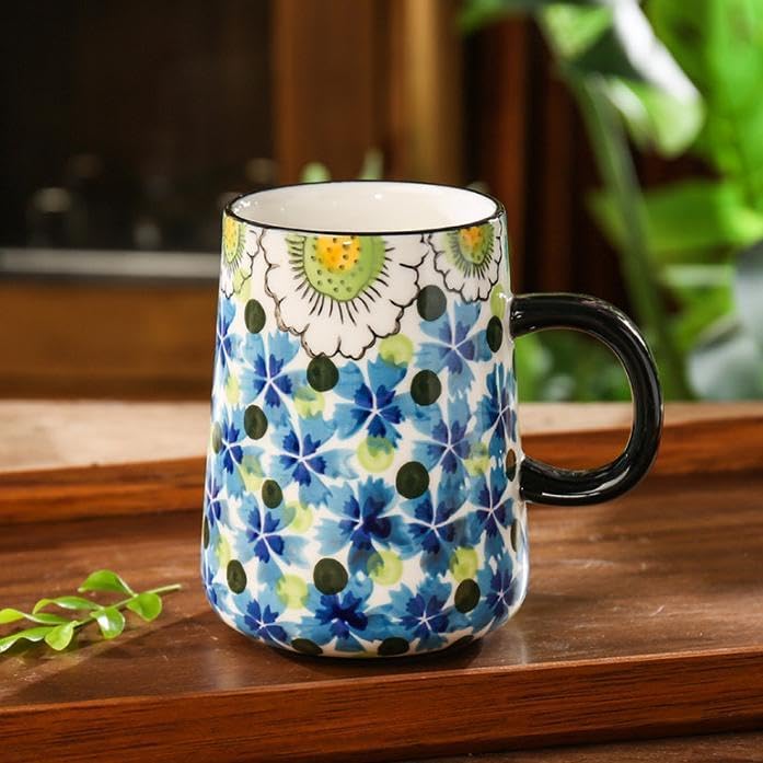 Ceramic Coffee Mug with Handle Vintage, Floral Cute Straight-shaped Espresso Cups, Large Tea Cups and Drinking Mugs for Office and Home, Ideal Gifts for Women and Men (Blue 16oz) - Image 2