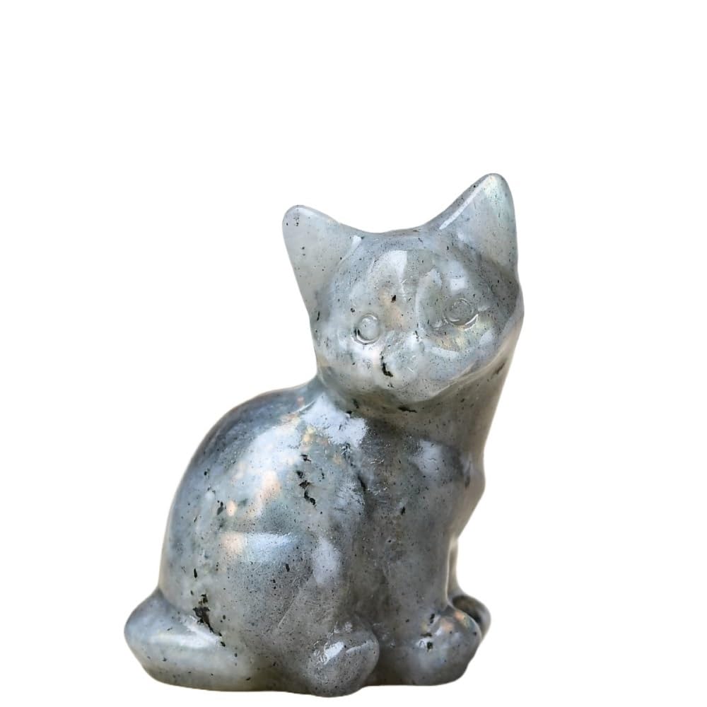 HUFFA Natural Amethyst Cat Figurine - Handcrafted Carving for Home Desktop Decoration(Labradorite)