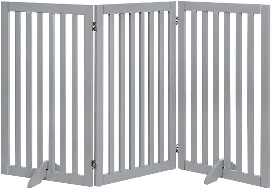unipaws Freestanding Extra Tall Pet Gate, Folding Wooden Dog Gate, Indoor Barrier with 2PCS Support Feet, Up to 152cm Wide 91cm Height, Light Grey