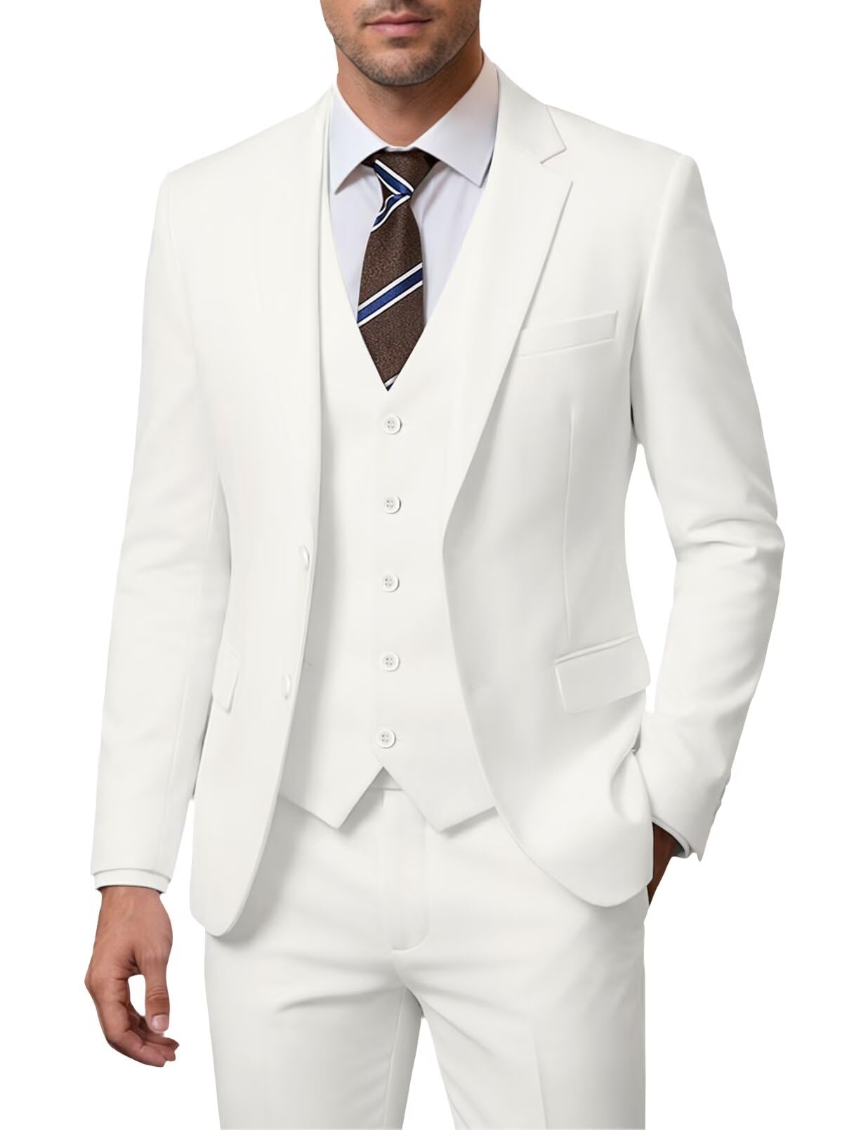 Photo 1 of Men Suit Set Big and Tall Wedding Suit Business Suit Ivory Prom Groomsmen Suits Tuxedos Jacket Vest Pants Men Suits 5XL