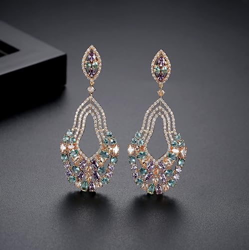 Gold Plated AAAAA Australia Crystal Dangle Earrings for Women | Gold Plated Rhinestone Wedding Bridal Bridesmaid Long Tassel Dangling Earrings | Colorful Cubic Zirconia Chandelier Tassel Stud Drop Dangle Earrings for Women & Teen Girls3