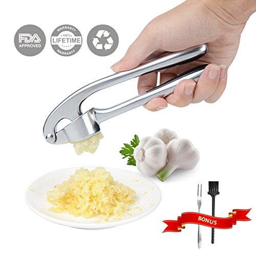 iNeibo Prensa Ajos , Machacador de Ajos de Aleación de Zinc Robusta, Resistente a La Corrosión con Tenedor y Cepillo de Limpieza