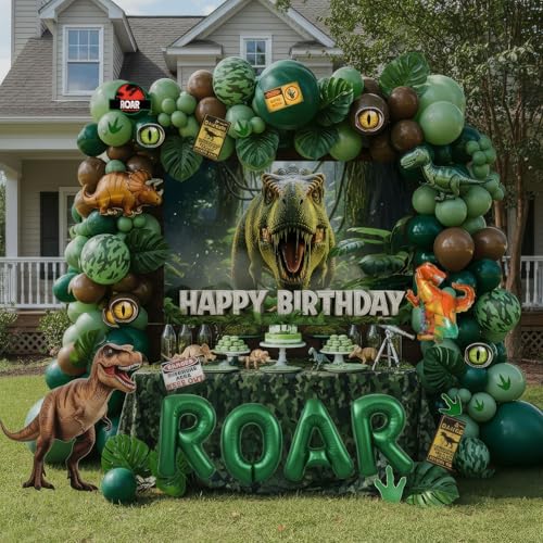 Dinosaur Birthday Decorations with Hunter Green Brown balloon arch & small T-Rex Foil balloons & backdrop Sign & Artificial Palm Leaves for Boys Jungle Safari Dino ROAR Party Supplies (Green Brown)