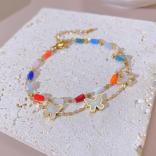 Image of Fashion Stainless Steel Acrylic Bead Butterfly Charm Chain Bracelet Double Layer Stack Adjustable Link Bracelet(Gold)
