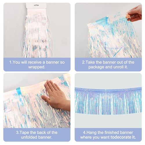 Image of BEISHIDA 3 Packs 30 Feet Metallic Foil Fringe Garland Tinsel Streamers,Iridescent Blue Wall Hanging Tinsel Fringe Banners for Wedding Birthday Party Decoration Halloween Christmas New Year