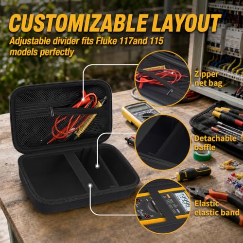Image of Comecase Hard Multimeter Case for Fluke 87V MAX 87V 88V 179 with Holster | Divider & Zippered Mesh Storage for Test Leads, Probes, Workshop and Field Use, Full Black, Case Only