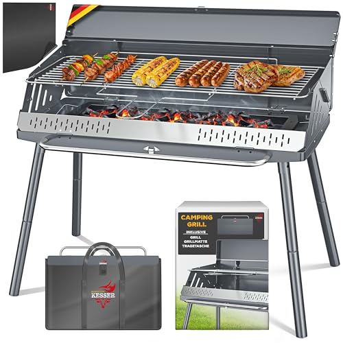 KESSER® Barbacoa plegable portátil para camping con estructura | Barbacoa de carbón vegetal de acero con recubrimiento en polvo, incluye parrilla, esterilla y bolsa de transporte, plegable, ideal para
