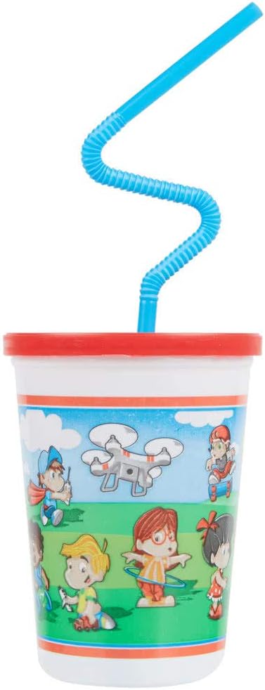 Fit Meal Prep [50 Pack] 12 OZ Plastic Cup with Lid and Straw - Spill Proof, Fun Cartoon Cups with Reusable Red Lids and Curly Straws for Parties, Cold Frozen Drinks, Milk, Water, Juice