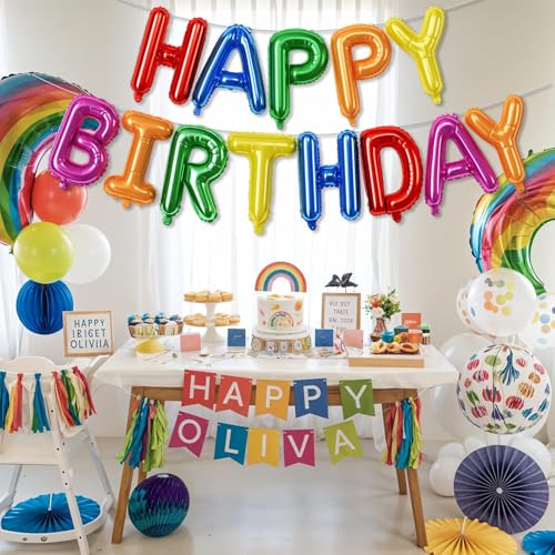 Image of 16 Inch Happy Birthday Banner Balloon, Rainbow Happy Birthday Letters Foil Balloons, Self Inflating Multicolor HBD Balloons Bunting for Kids Girls Boys Colorful Bday Party Decorations