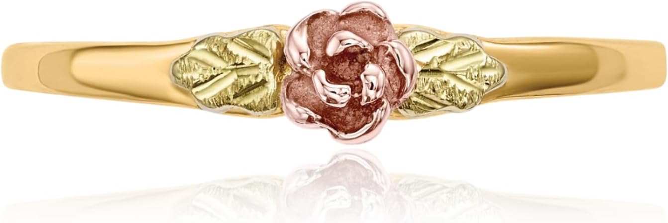 10K Solid Tri Color Pink White Yellow Black Hills Gold Rose Flower Ring - Image 7